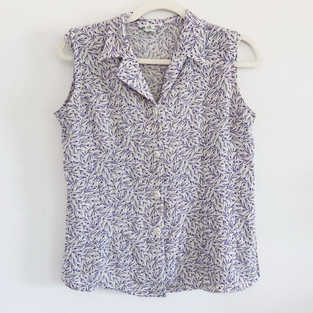 Silky Blue and While Floral Sleeveless Blouse Medium